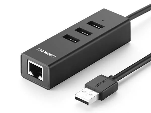 Ugreen 30298 30CM màu Đen HUB chuyển đổi USB 2.0 sang 3 USB 2.0 + LAN tốc độ 100Mbps CR129