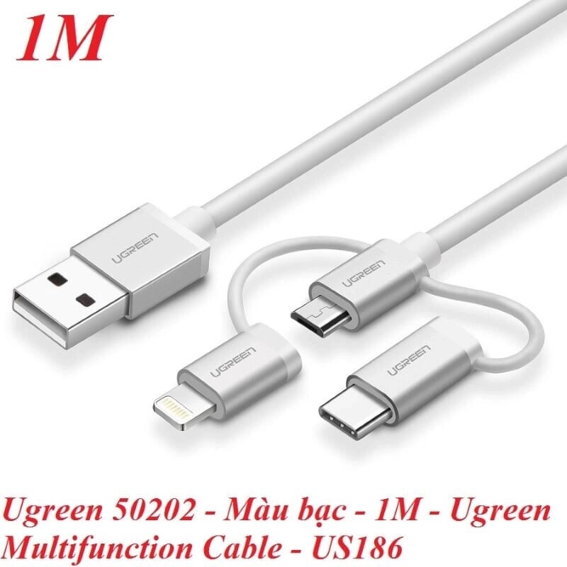 Ugreen 50202 1M Màu Bạc Cáp sạc đa năng USB sang TypeC + Micro + Lightning US186