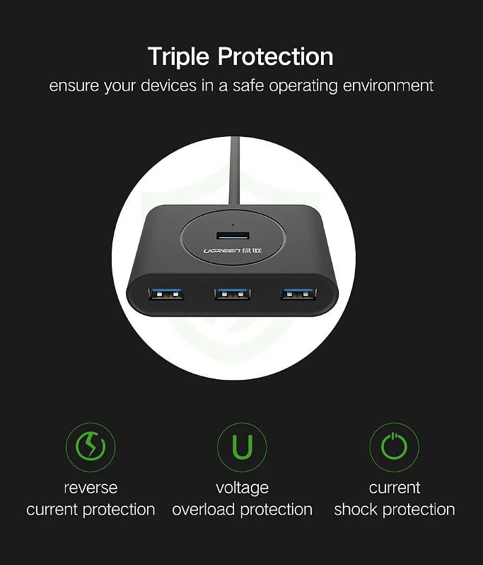 Ugreen 50263 25CM Màu Đen USB 3.0 Hub 4 Port With Power Port CR113