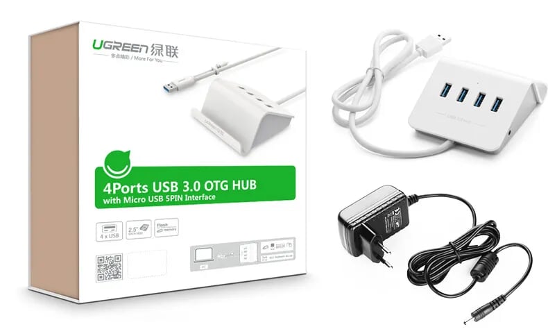 Ugreen 20279 Màu Trắng Bộ chia HUB USB 3.0 sang 4 USB 3.0 có khay đỡ hỗ trợ nguồn 5V CR109