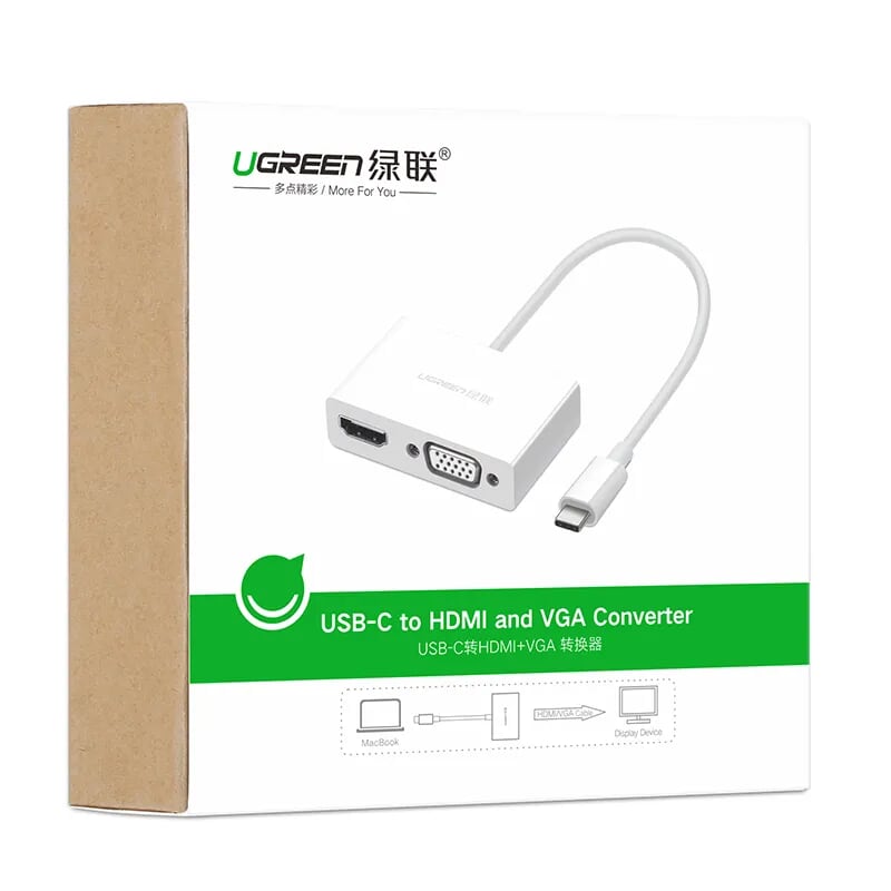 Ugreen 30843 15CM màu Trắng Bộ chuyển đổi TYPE C sang HDMI + VGA vỏ bọc nhựa ABS MM123