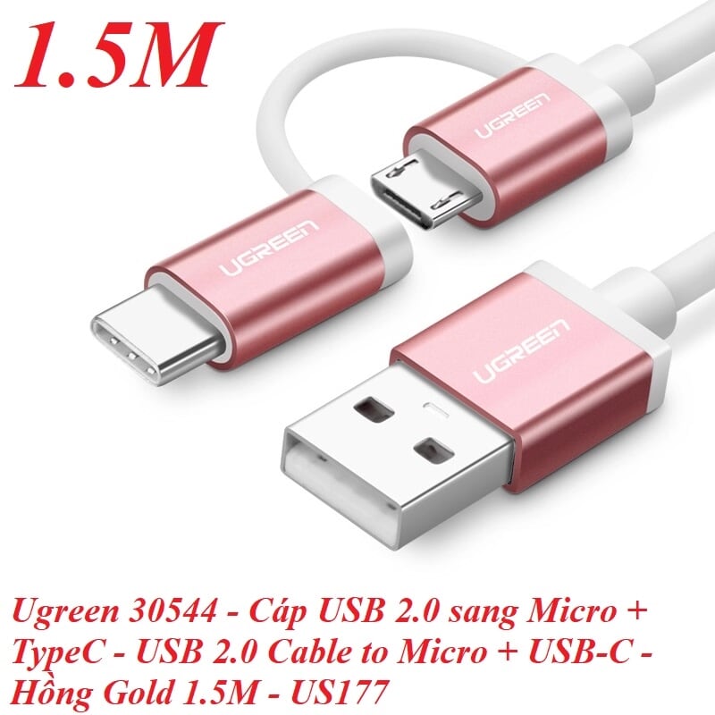 Ugreen 30544 1.5M màu Hồng Cáp USB-A sang Micro USB + USB-C cao cấp US177