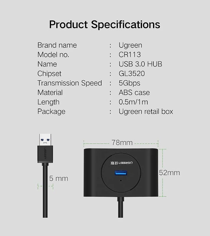 Ugreen 50263 25CM Màu Đen USB 3.0 Hub 4 Port With Power Port CR113