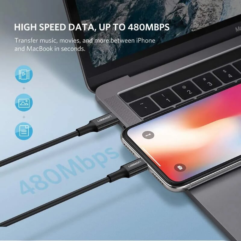 Ugreen 60752 2m cáp usb type c 2.0 ra apple lightning màu đen US171