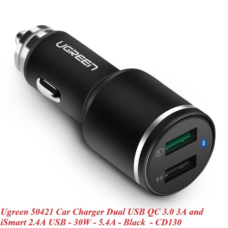 Ugreen 50421 QC3 30W 5.4A màu đen sạc xe hơi hỗ trợ usb quick charge 3.0 3A và iSmart 2.4A CD130