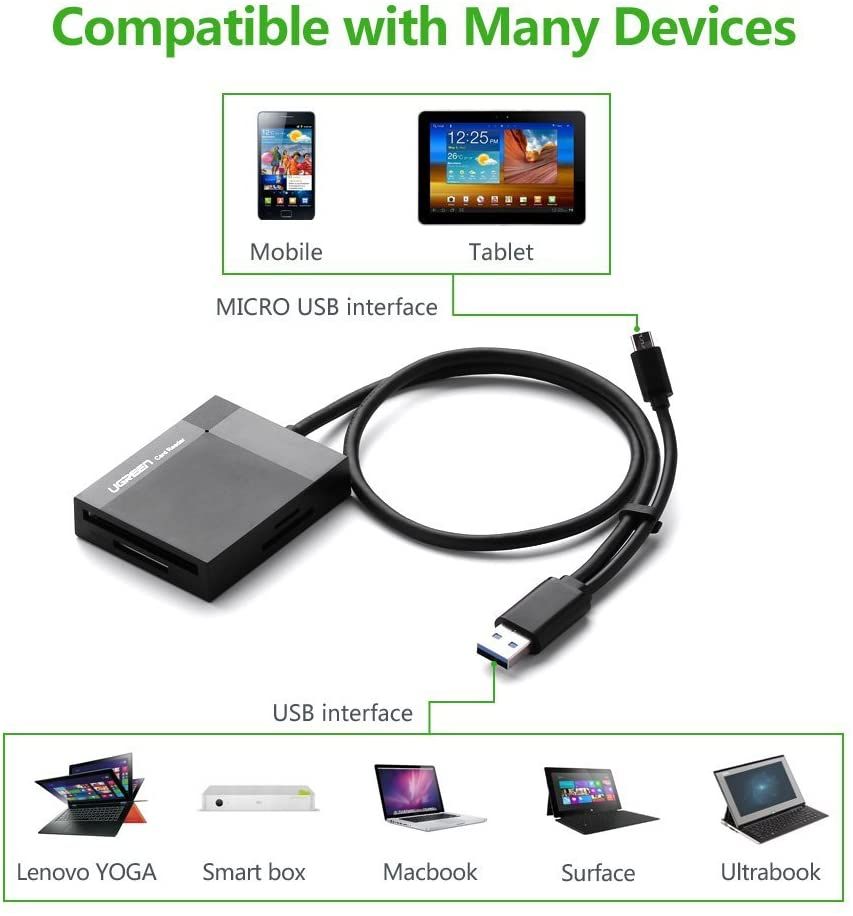 Ugreen 30334 1M màu đen đầu đọc thẻ USB 3.0 All in One có OTG cổng micro cho android CR125