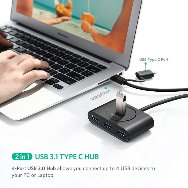 Ugreen 40850 1M Màu Đen Bộ chuyển đổi TYPE C sang 4 USB 3.0 + nguồn MICRO USB hỗ trợ OTG TYPE C CR113