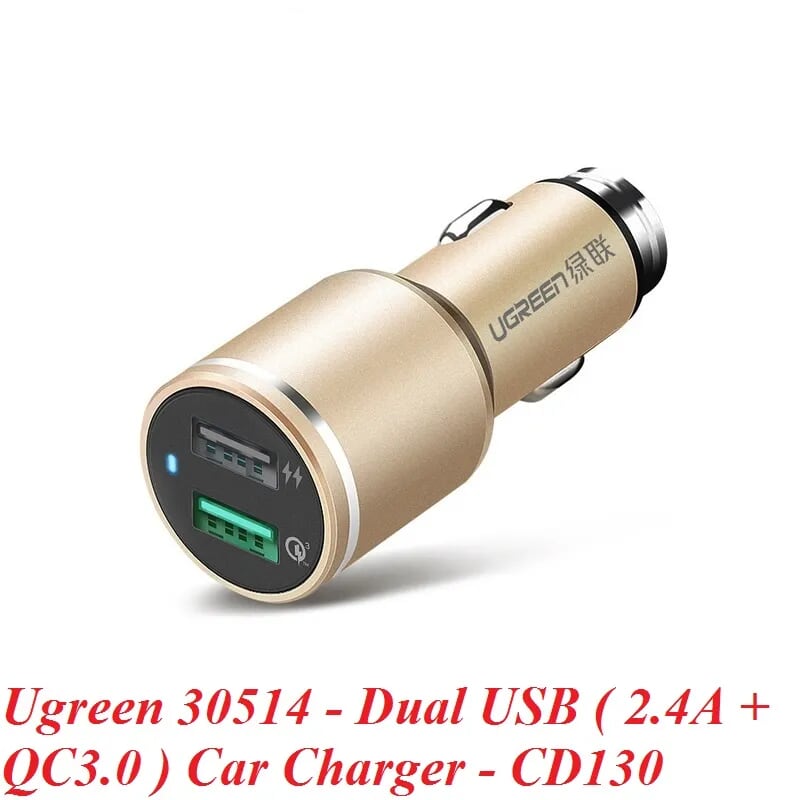 Ugreen 30514 48W màu Vàng Bộ sạc ô tô 2 cổng USB 2.4A + QC 3.0 CD130