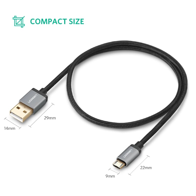 Ugreen 10825 1.5M màu Đen Cáp sạc truyền dữ liệu USB 2.0 sang MICRO USB đầu mạ vàng US134