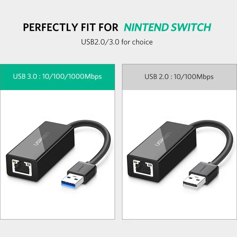 Ugreen 20256 15CM màu Đen Cáp chuyển đổi USB 3.0 sang cổng LAN RJ45 tốc độ 1000Mbps vỏ nhựa CR111