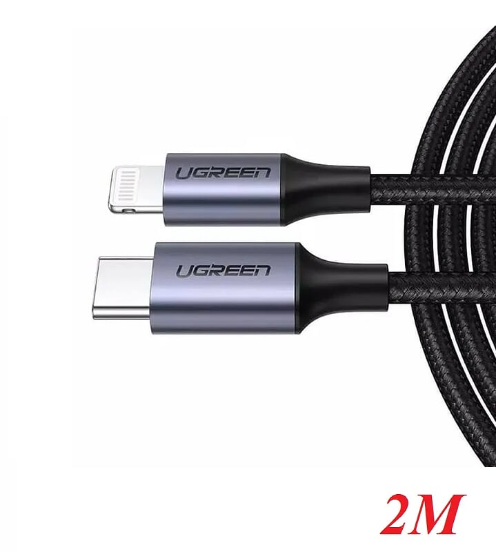 Ugreen 60761 2m cáp usb type c ra lightning bọc nhôm chống nhiễu màu đen US304