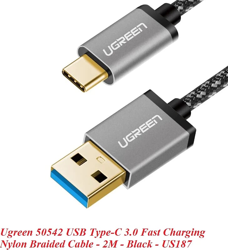 Ugreen 50542 2M màu đen cáp USB Type C 3.0 sạc nhanh và truyền dữ liệu dây dù US187