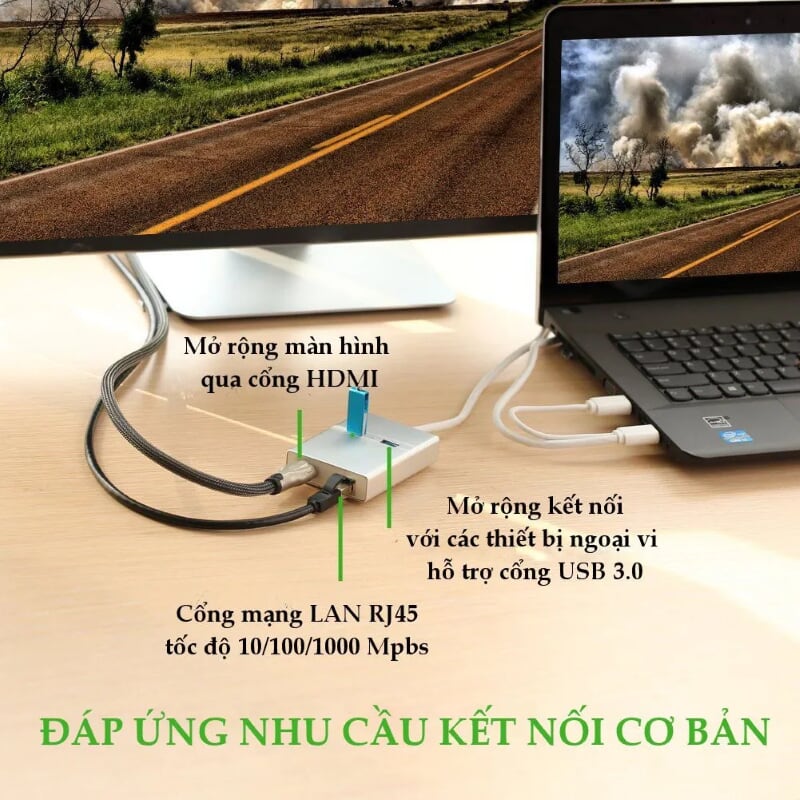 Ugreen 40255 80CM Màu Trắng New Usb 3.0 To Hdmi + 2 Ports Usb 3.0 + Gigabit Lan Port 40255