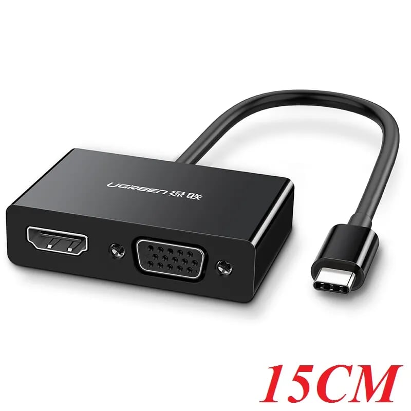 Ugreen 50251 15CM màu Đen Bộ chuyển đổi TYPE C sang HDMI + VGA + hỗ trợ phân giải 4K MM123