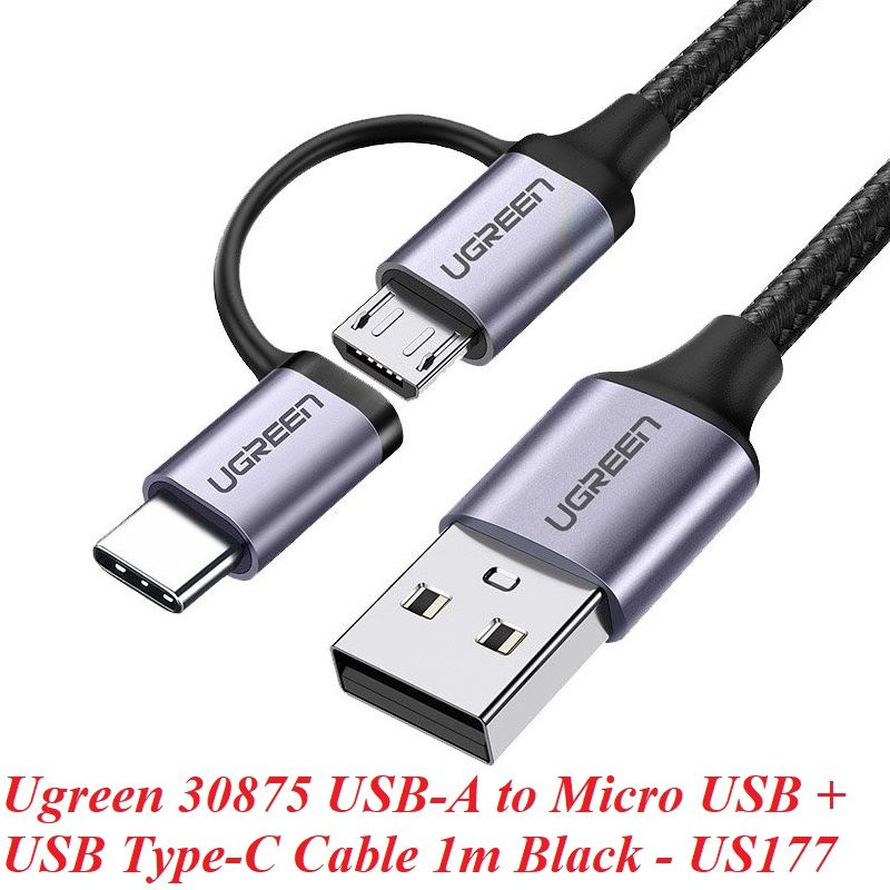 Ugreen 30875 1m cáp USB A ra Micro + Type C màu đen dây bện dù đầu bọc nhôm US177