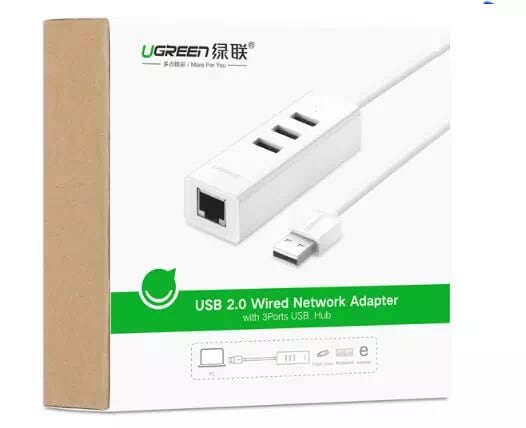 Ugreen 30297 30CM màu Trắng HUB chuyển đổi USB 2.0 sang 3 USB 2.0 + LAN tốc độ 100Mbps CR129