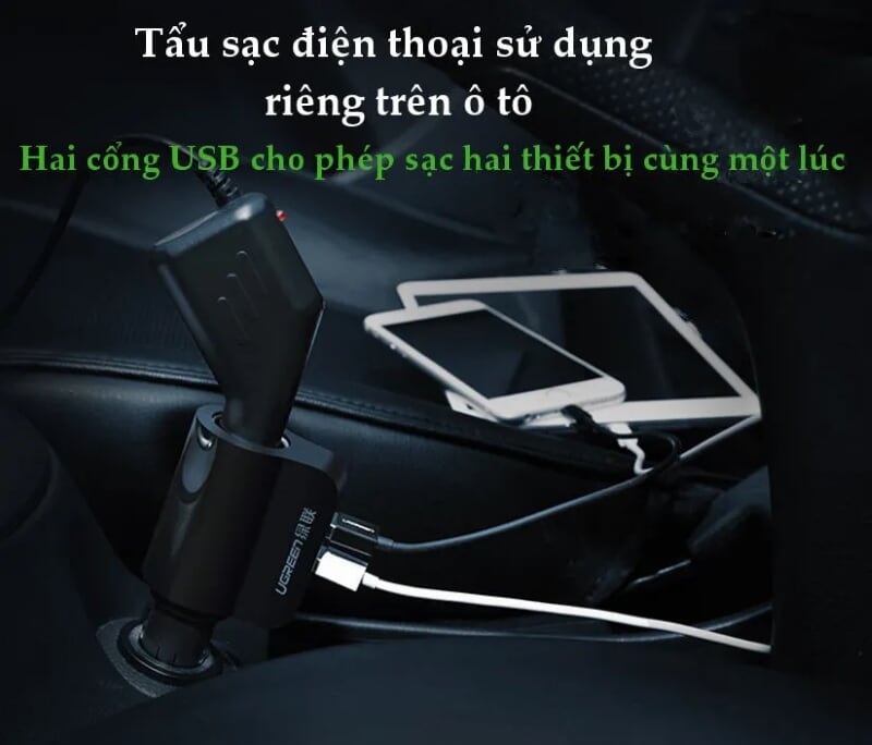 Ugreen 20394 Màu Đen Bộ sạc ô tô 2 cổng USB + 1 Cổng mở rộng 12V CD115