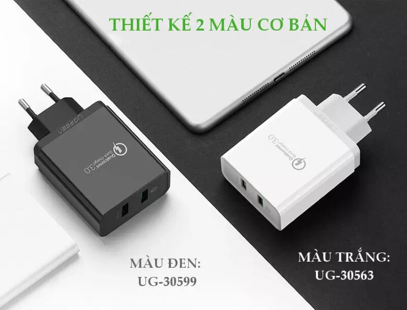 Ugreen 30599 30W màu Đen Củ sạc nhanh 2 cổng USB chuẩn QC 3.0 + 2.4A CD132