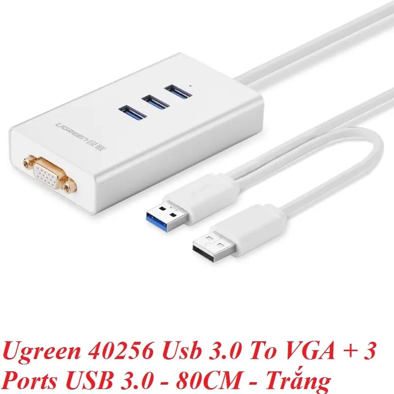 Ugreen 40256 80CM Màu Trắng USB 3.0 To VGA + 3 Ports USB 3.0 40256