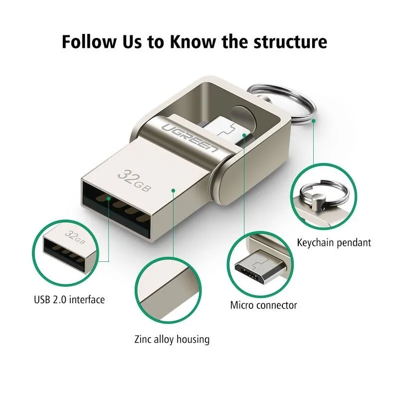 Ugreen 30430 8G màu Bạc USB thẻ nhớ 2.0 + MICRO USB hỗ trợ OTG US179