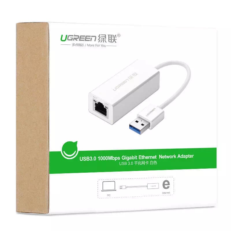 Ugreen 20255 15CM màu Trắng Cáp chuyển đổi USB 3.0 sang cổng LAN RJ45 tốc độ 1000Mbps vỏ nhựa CR111