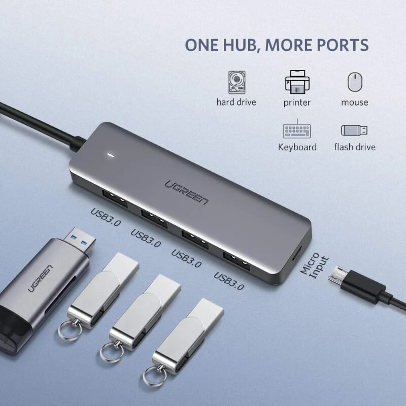 Ugreen 50985 15CM Màu đen Bộ chia USB 3.0 ra 4 cổng hỗ trợ nguồn phụ Micro USB CR219