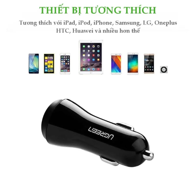 Ugreen 20393 màu Trắng Bộ sạc ô tô 2 cổng USB nhựa ABS chống cháy CD114