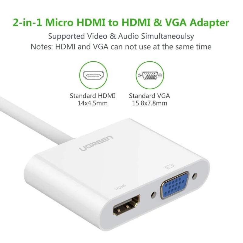 Ugreen 30354 30CM màu Trắng Bộ chuyển Micro HDMI sang HDMI + VGA kèm cổng âm thanh MM115