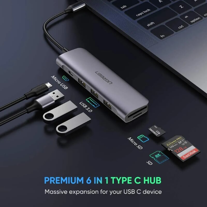 Ugreen 50850 20CM màu xám USB type C HUB 6 trong 1 ra USB 3.0 x 3 + Đọc thẻ TF/SD + nguồn 5V Micro USB CM195