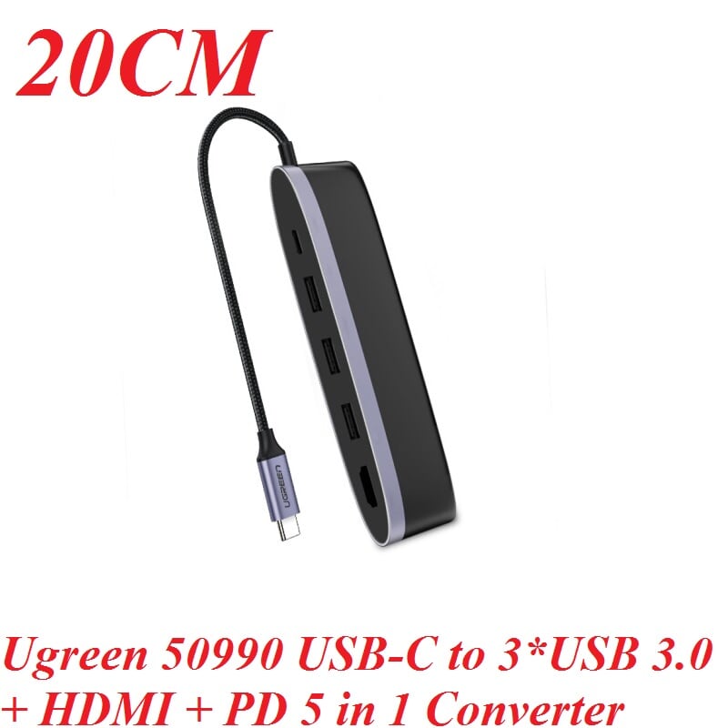 Ugreen 50990 Bộ chuyển đổi TYPE C sang 3 USB 3.0 + HDMI + nguồn TYPE C CM223