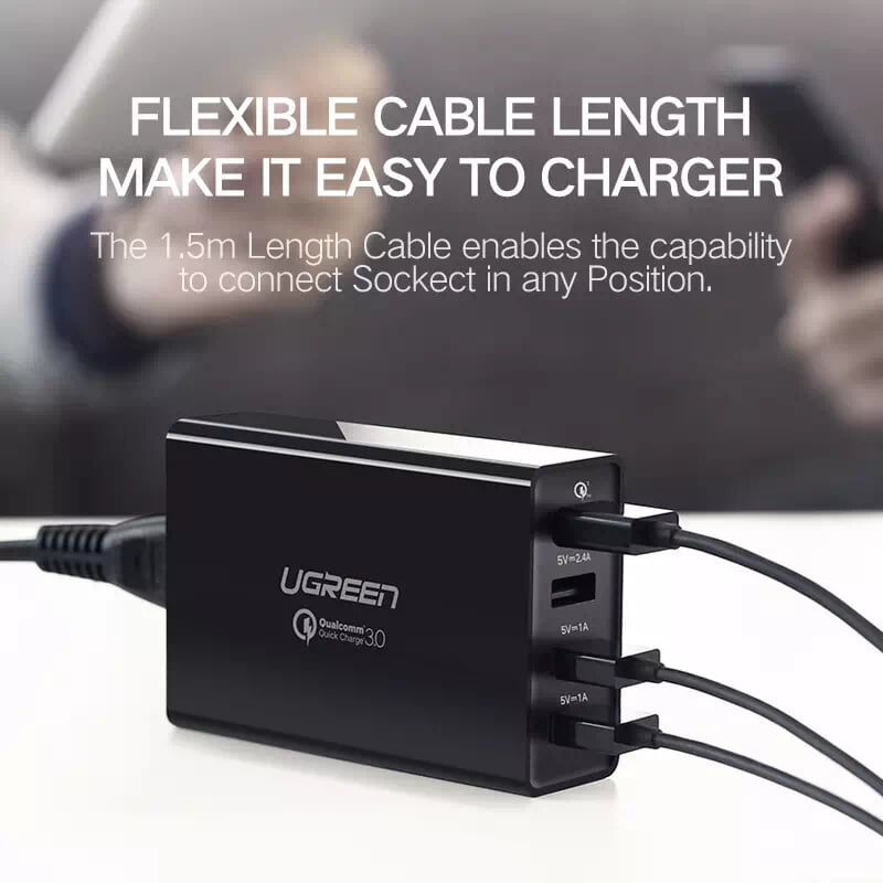 Ugreen 30598 1.5 Màu Đen Sạc nhanh chuẩn 3.0 Quick Charge 4 cổng usb qc3.0 CD102