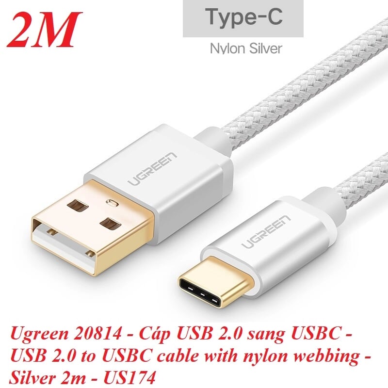 Ugreen 20814 2M màu Trắng Dây USB 2.0 sang Type-C đầu nhôm dây bọc vinyl US174