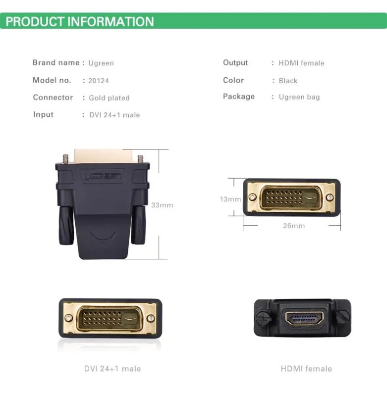 Ugreen 20124 Màu Đen Đầu chuyển đổi DVI 24+1 sang HDMI âm 20124