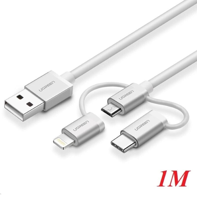 Ugreen 50202 1M Màu Bạc Cáp sạc đa năng USB sang TypeC + Micro + Lightning US186