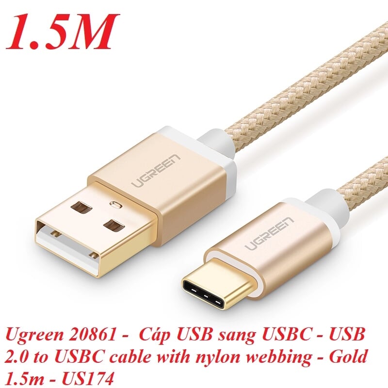 Ugreen 20861 1.5M màu Vàng Dây USB 2.0 sang Type-C đầu nhôm dây bọc vinyl US174