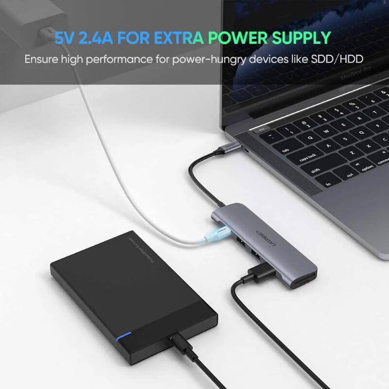 Ugreen 50850 20CM màu xám USB type C HUB 6 trong 1 ra USB 3.0 x 3 + Đọc thẻ TF/SD + nguồn 5V Micro USB CM195