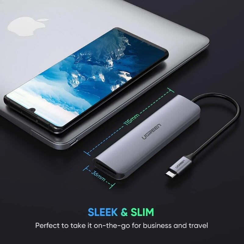 Ugreen 50850 20CM màu xám USB type C HUB 6 trong 1 ra USB 3.0 x 3 + Đọc thẻ TF/SD + nguồn 5V Micro USB CM195