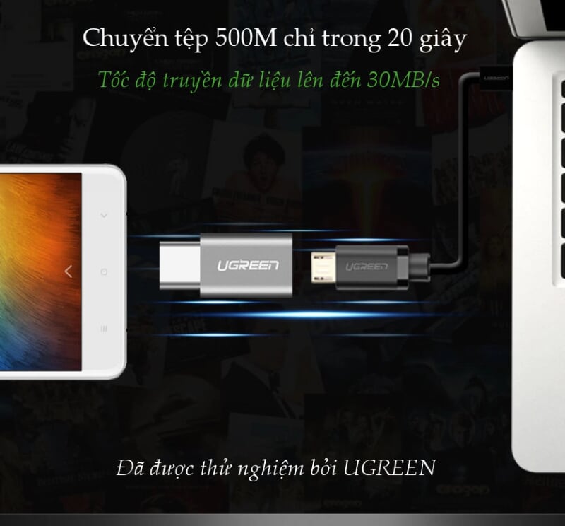 Ugreen 50551 Màu Đen Đầu chuyển đổi MICRO USB sang TYPE C hỗ trợ OTG US278