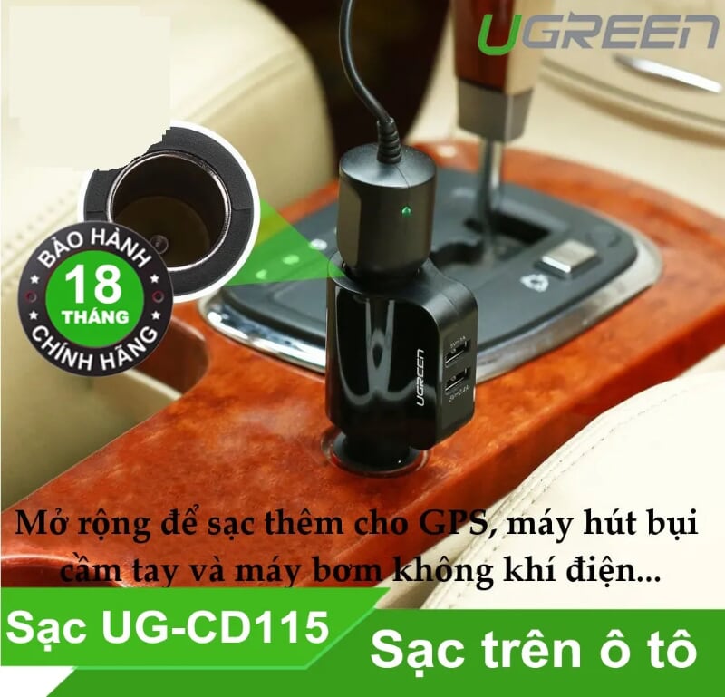 Ugreen 20394 Màu Đen Bộ sạc ô tô 2 cổng USB + 1 Cổng mở rộng 12V CD115