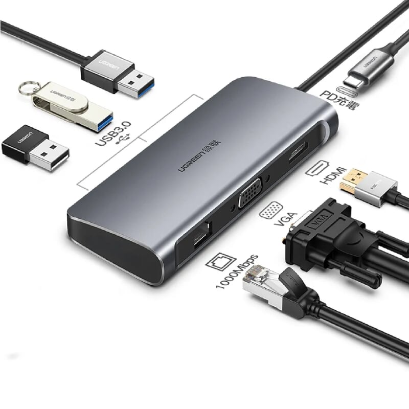 Ugreen 60557 Bộ chuyển đổi TYPE C sang 3 USB 3.0 + HDMI + VGA + LAN + nguồn TYPE C CM256