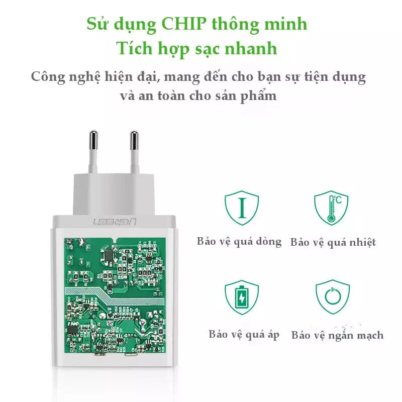 Ugreen 30563 30W màu Trắng Củ sạc nhanh 2 cổng USB chuẩn QC 3.0 + 2.4A CD132