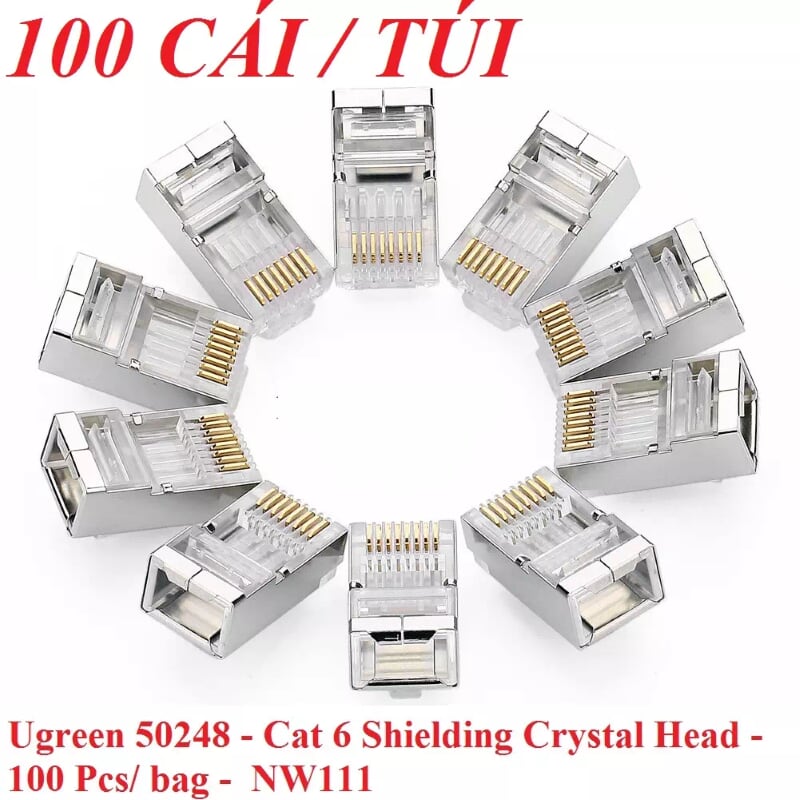 Ugreen 50248 100pcs Đầu bấm mạng RJ45 chuẩn Cat6 + Cat6e bọc inox chống nhiễu NW111