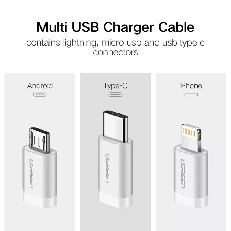 Ugreen 30784 1M màu Đen Cáp sạc đa năng USB sang TypeC + Micro + Lightning US186