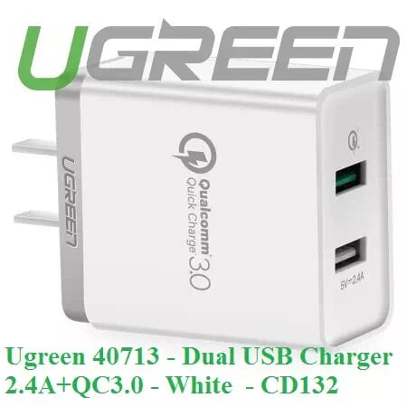 Ugreen 40713 30W màu Trắng Củ sạc nhanh 2 cổng USB chuẩn QC 3.0 + 2.4A CD132