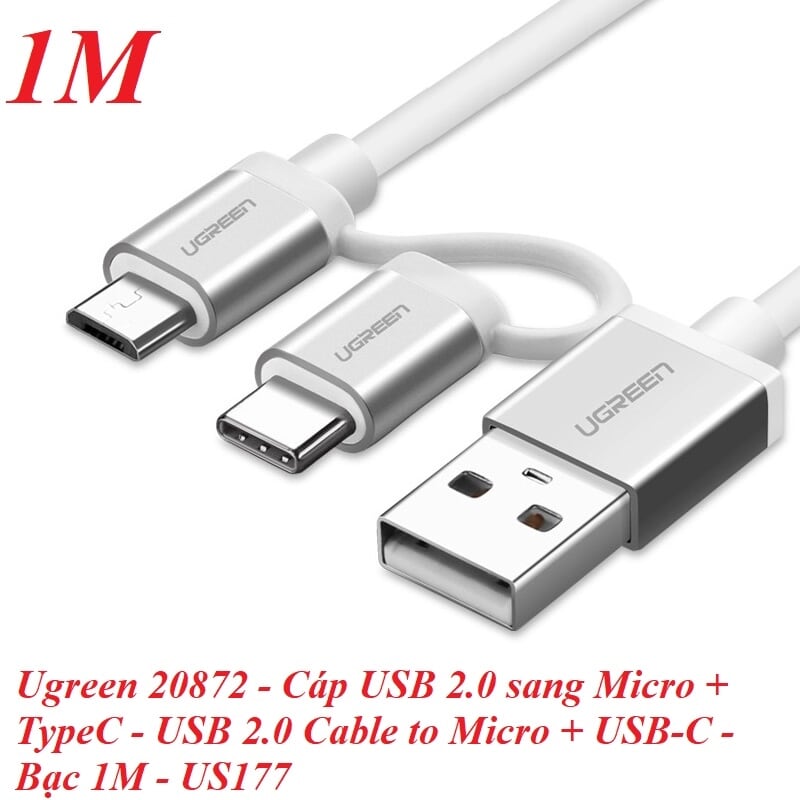 Ugreen 20872 1M màu Bạc Cáp USB-A sang Micro USB + USB-C cao cấp US177