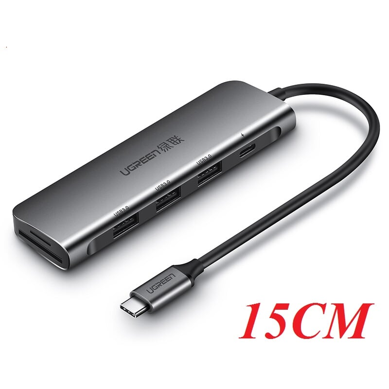 Ugreen 50598 15CM màu Xám Bộ chuyển đổi TYPE C sang 2 USB 3.0 + TF SD + nguồn TYPE C CM195