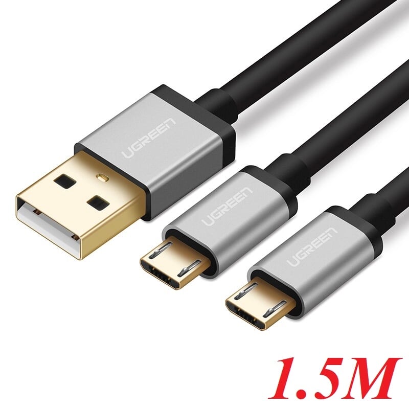 Ugreen 40349 1.5M màu Đen Cáp sạc truyền dữ liệu USB 2.0 sang 2 đầu MICRO USB cao cấp US196