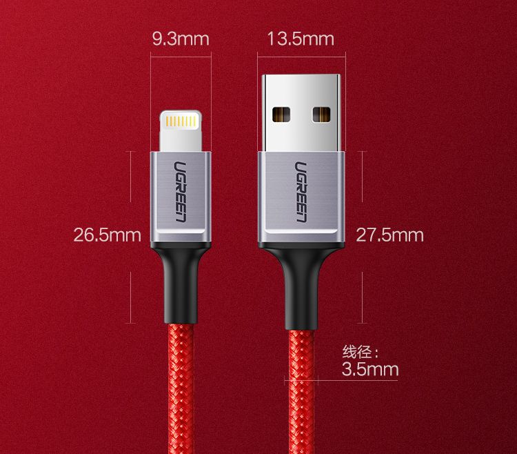 Ugreen 80635 1M màu đỏ cáp Lightning ra USB có chíp MFI chính hãng US293