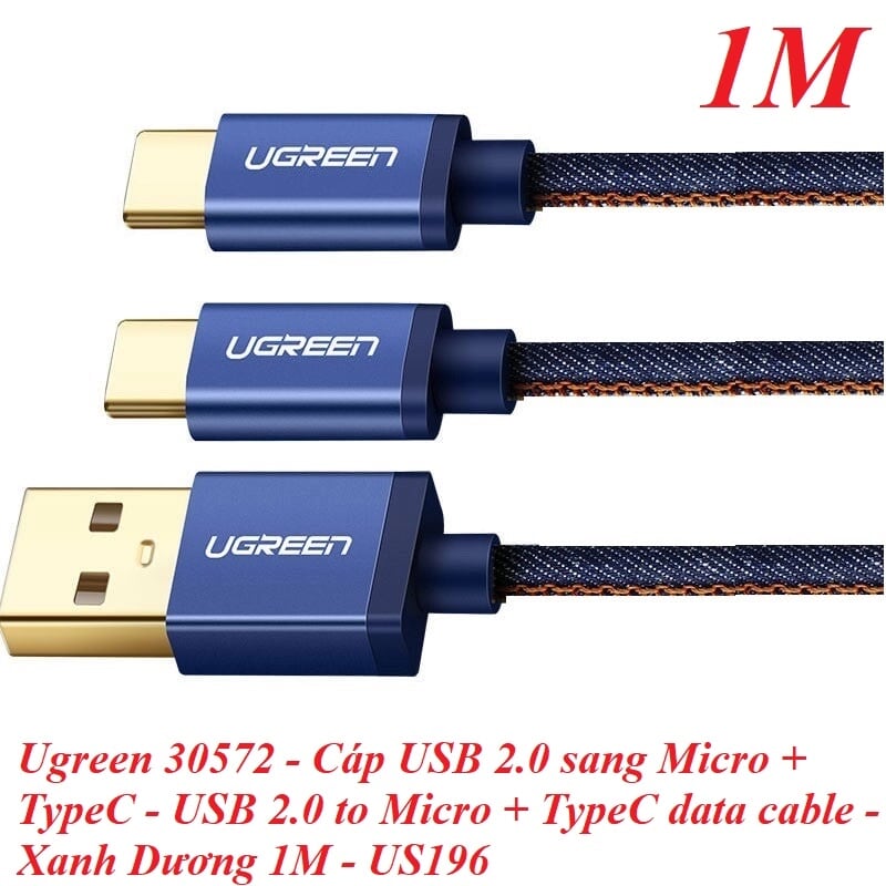 Ugreen 30572 1M màu xanh Dây USB 2.0 sang micro USB + Type-C US196