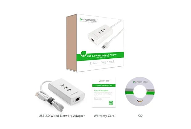 Ugreen 20259 50CM màu Trắng HUB chuyển đổi USB 2.0 sang 3 USB 2.0 + LAN tốc độ 100Mbps CR102